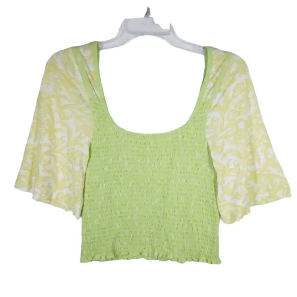 NWT Free People Smocked Crop Short Sleeve Top Key Lime Combo size Medium